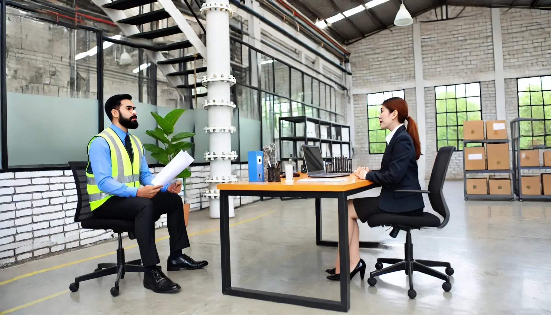 DALL·E 2024-07-22 13.03.28 - A business meeting setting in a factory office with a manager and a factory worker during a performance review. The office has industrial elements, su