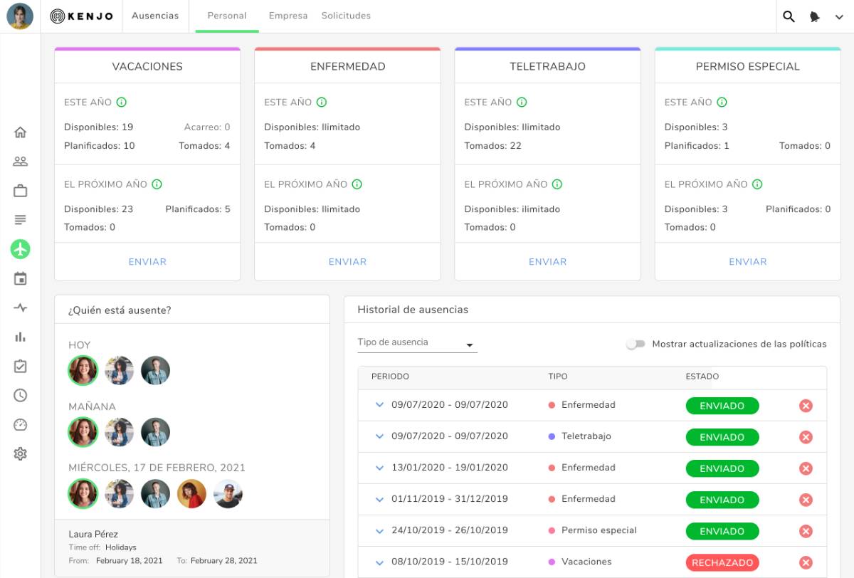 Interfaz del software de vacaciones e inasistencias de Kenjo