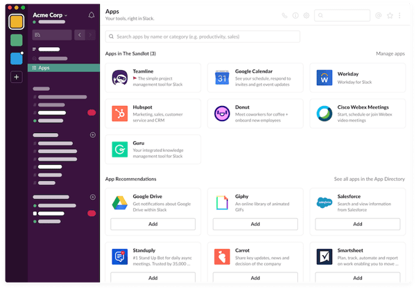 interfaz de la herramienta de teletrabajo slack