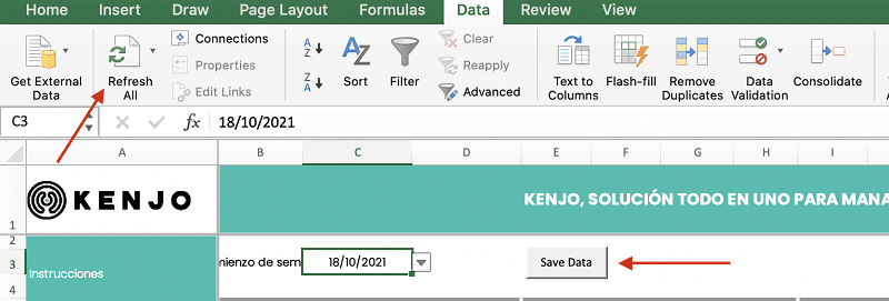 Vista de la plantilla de Excel para turnos de trabajo de Kenjo: pasos para guardar la información