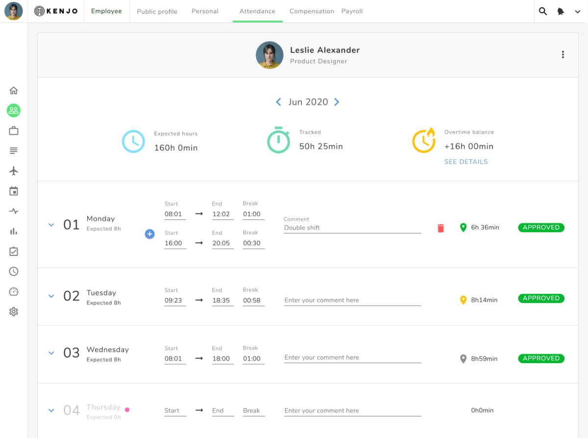 Kenjo's time attendance software